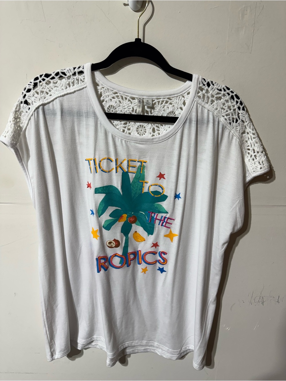 Women's White 'Ticket to the Tropics' Crochet Shoulder Tee